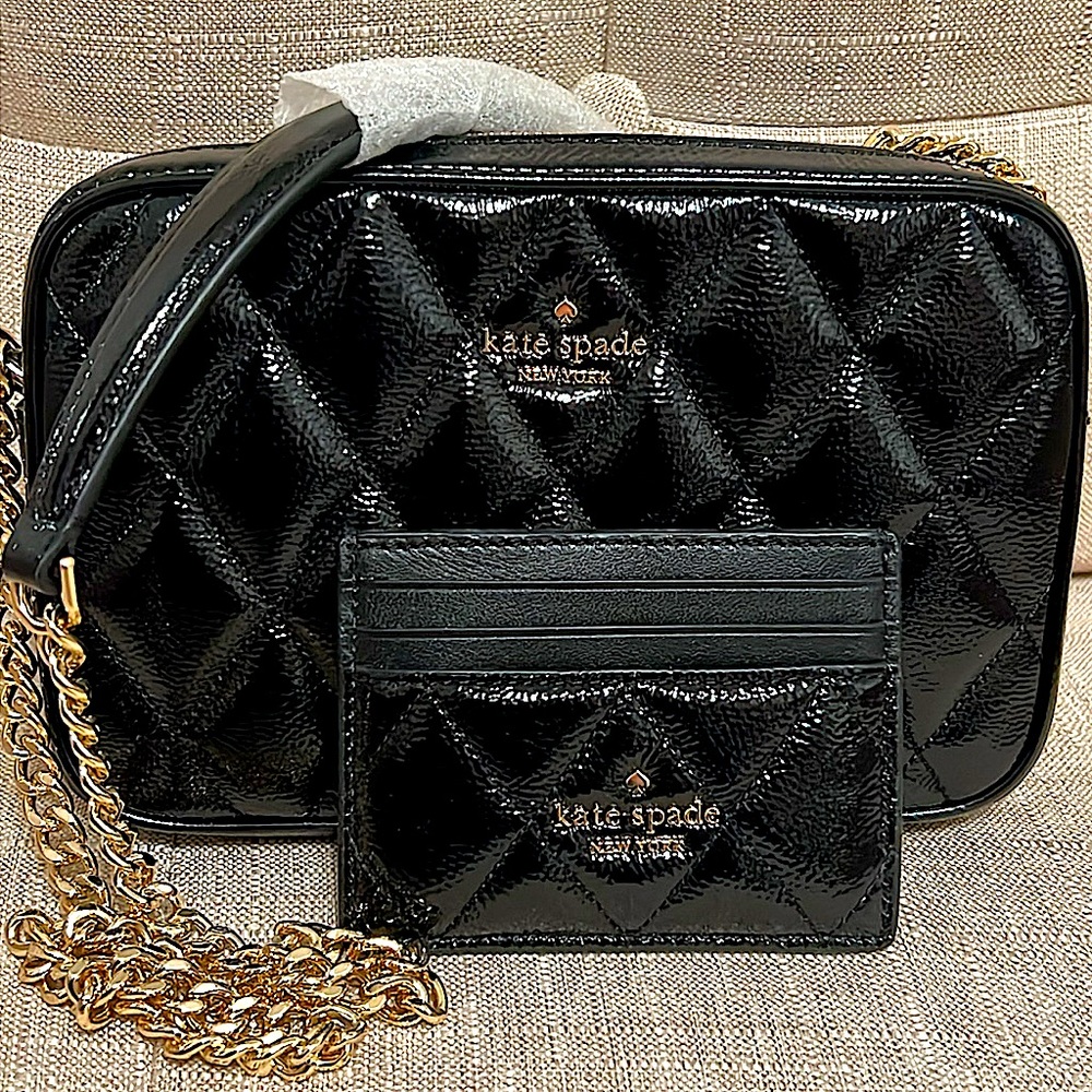 Kate Spade Quilted Black Patent Crossbody with Quilted Credit Card Case NWT